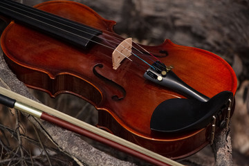 Fototapeta premium The wooden violin and bow put on wooden timber board,blurry light around