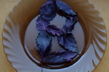 Purple B-shaped basil leaves on a plate