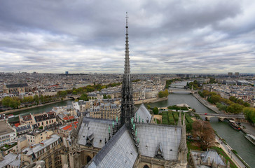 Cathedral of Notre dame de Paris, France. Top view of the city, the roof and the spire of the temple
