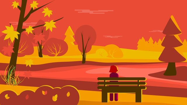 Fall landscape with girl sitting on a bench 