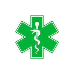 Emergency star - medical symbol Caduceus Green snake with stick icon isolated on white background.