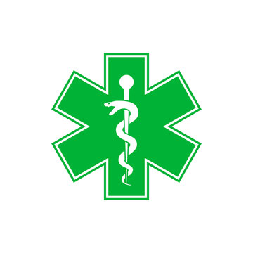 Emergency star - medical symbol Caduceus Green snake with stick icon isolated on white background.