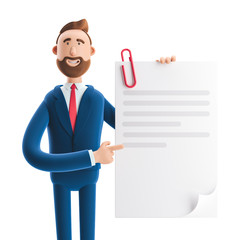 3d illustration. Handsome businessman Billy holds a completed document.
