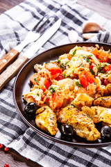 Breakfast - scrambled eggs with chicken strips