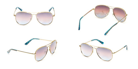 Sunglasses gold frame aviator with multi colored Mirror Lens isolated on white background....