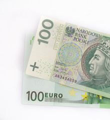 Polish złoty and Euro banknotes.