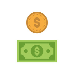 Dollar bill and coin vector icon illustration, flat style vector. Cash concept.