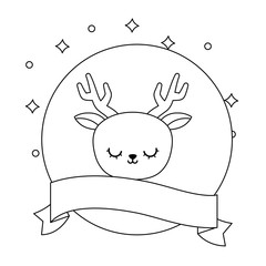 head of cute reindeer in frame circular with ribbon