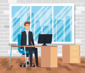 professional businessman with computer in the desk and window