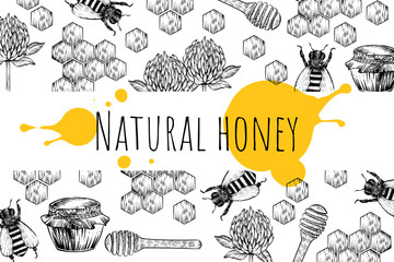 Honey and all related to it things, vector, engraving style, banner
