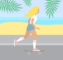 Obraz na płótnie Canvas Vector flat cartoon illustration of skater girl going on the street to the beach