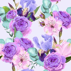 Vector seamless pattern with roses and iris