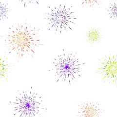 Seamless pattern different fireworks explosions. Vector holiday firework.  For celebration, winner, victory poster Independence day of America background