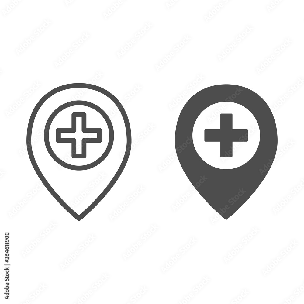 Poster add location line and glyph icon. map pin and plus vector illustration isolated on white. direction 
