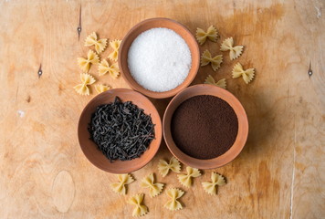Plates with ingedients, Sugar,tea and coffee