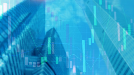 Universal finance abstract background Economic Trading growth graph chart on futuristic city. Double exposure.