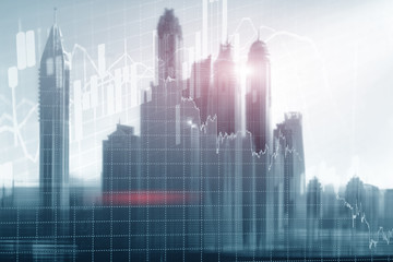 Dubai Universal finance abstract background Economic Trading growth graph chart on futuristic city. Double exposure.