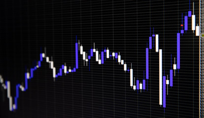 Financial stock market graph and bar chart price display on dark background.