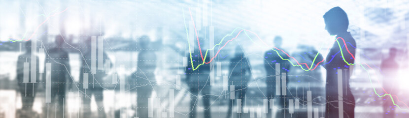 Business Website Banner Header. Industry background mixed media. People silhouettes. Stock market graph.