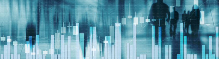 Silhouettes of Business People. Stock Market Graph and Bar Candlestick Chart.