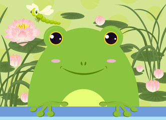 Toad on the background of water lilies with grass and dragonfly for flyers, posters, album covers, banner, background
