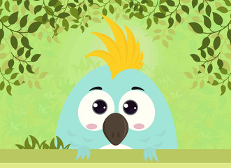 Parrot on the background of nature. Leaflet, poster, album cover, banner, background in cartoon style.
