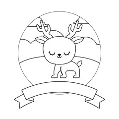 cute reindeer in landscape with frame and ribbon