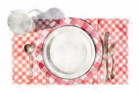 watercolor illustration of picnic table placesetting with copy space flat lay