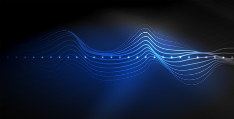 Glowing abstract wave on dark, shiny motion, magic space light. Techno abstract background