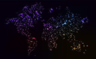 Global big data analysis visualized as glowing dotted world map. Worldwide spreading of contemporary communications and technologies.