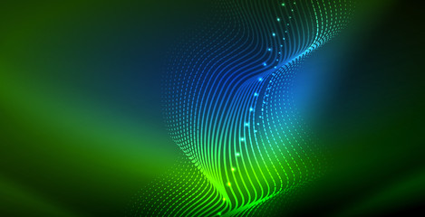 Fototapeta premium Glowing abstract wave on dark, shiny motion, magic space light. Techno abstract background