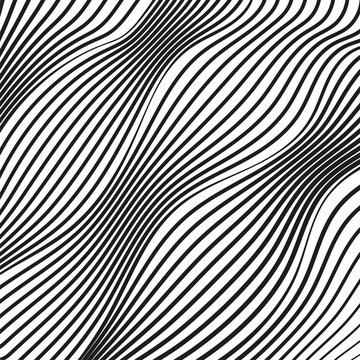 Abstract diagonal squiggle lines. Op art pattern. Deformed black and white striped surface. Warped, waving curves. Tech design. Modern conceptual illusion. Vector background. EPS10 illustration