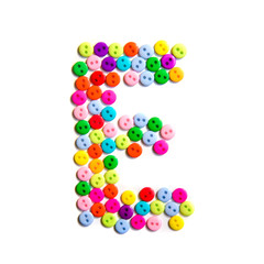 Letter E of the English alphabet made of multi-colored buttons