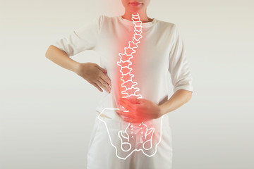 Pain in the spine, a woman with backache - obrazy, fototapety, plakaty