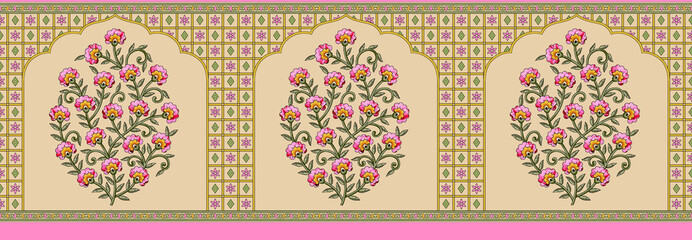 indian mughal flower border - obrazy, fototapety, plakaty