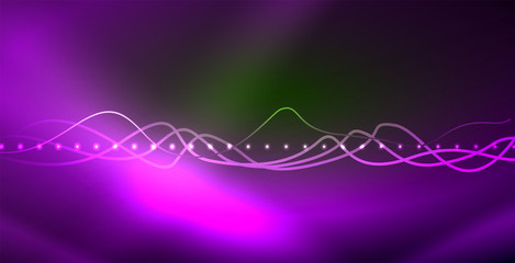 Glowing abstract wave on dark, shiny motion, magic space light. Techno abstract background
