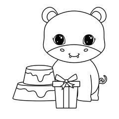 cute hippopotamus with cake of birthday and gift box