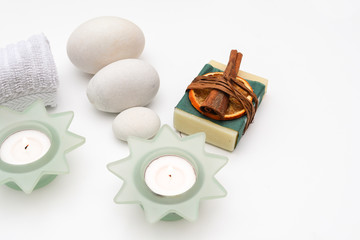 Beauty spa flat lay with white and green themed objects