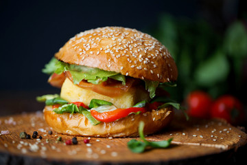 tofu cheeseburger. Healthy food. Vegetarian. 