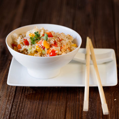 Japanese Rise with vegetables. Plate and Stick for sushi. Japanese dish.