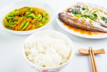 Chinese dish steamed red shirt fish and fried pumpkin flower