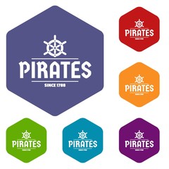 Pirate ship icons vector colorful hexahedron set collection isolated on white 