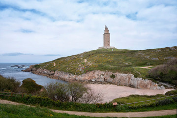 Fototapeta na wymiar Hercules tower in La Coruna, Galicia, Northern Spain. Roman lighthouse. The oldest lighthouse that still works in the world. 