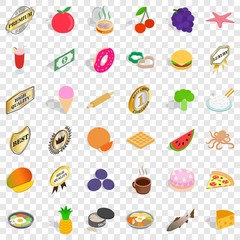 Food in dish icons set. Isometric 36 food in dish vector icons for web for any design