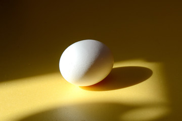 On a yellow background is a chicken egg lit by the sun. Concept - healthy and natural food