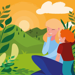 beautiful mother with son in the landscape