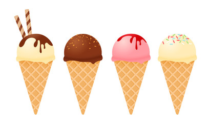 Various of ice cream flavor in cones isolated on white background