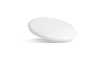 Blank white plastic frisbee mockup, isolated, no gravity, 3d rendering. Empty flying disc mock up....