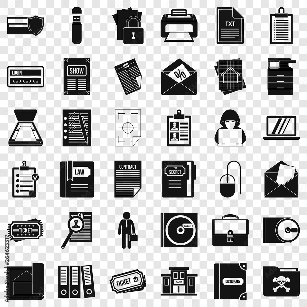 Poster computer document icons set. simple style of 36 computer document vector icons for web for any desig