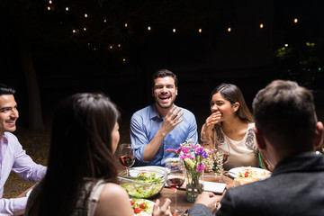 Cheerful friends having a good time at a dinner party in a backyard